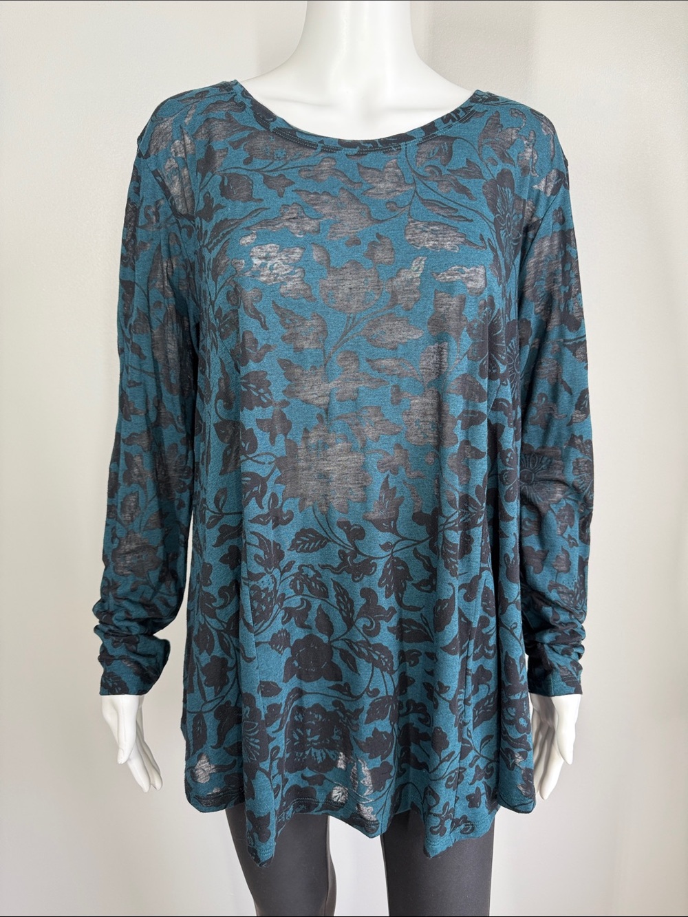 PERUVIAN CONNECTION Blue Teal Burnout Lagenlook Floral Flowy Tunic Top M/L